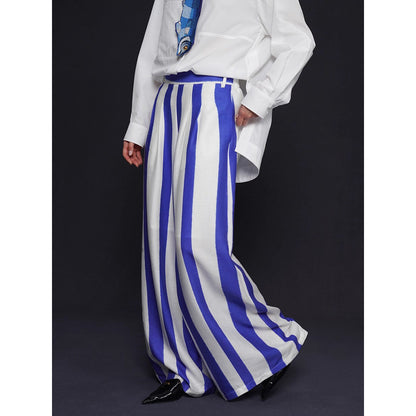 青紫の縦縞ストライプワイドパンツ