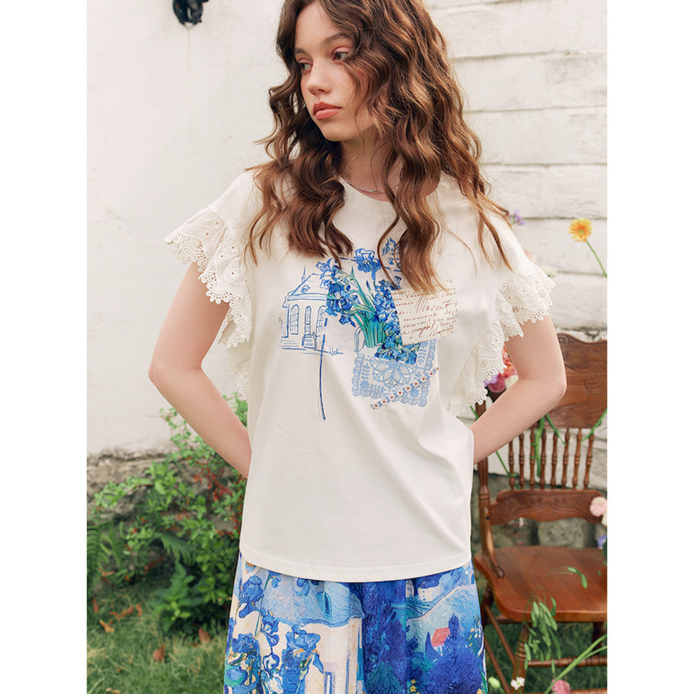 アイリスのある花瓶のレースTシャツ