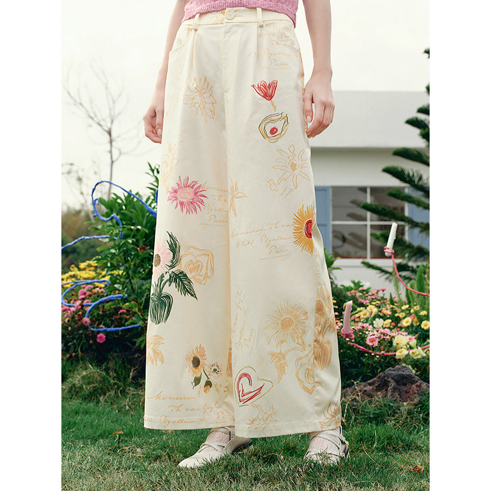 向日葵の花の描画ワイドパンツ