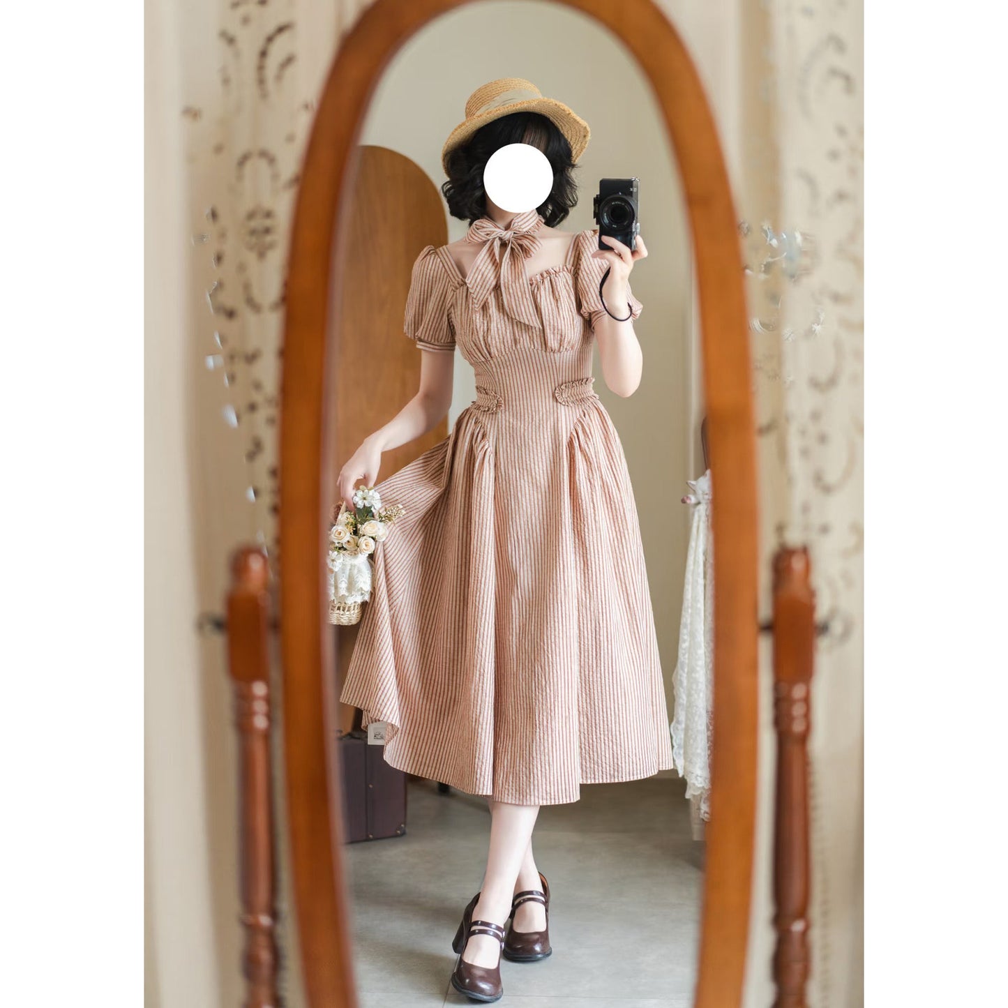 英国のお嬢様のクラシカルストライプワンピース - Carrot Orange