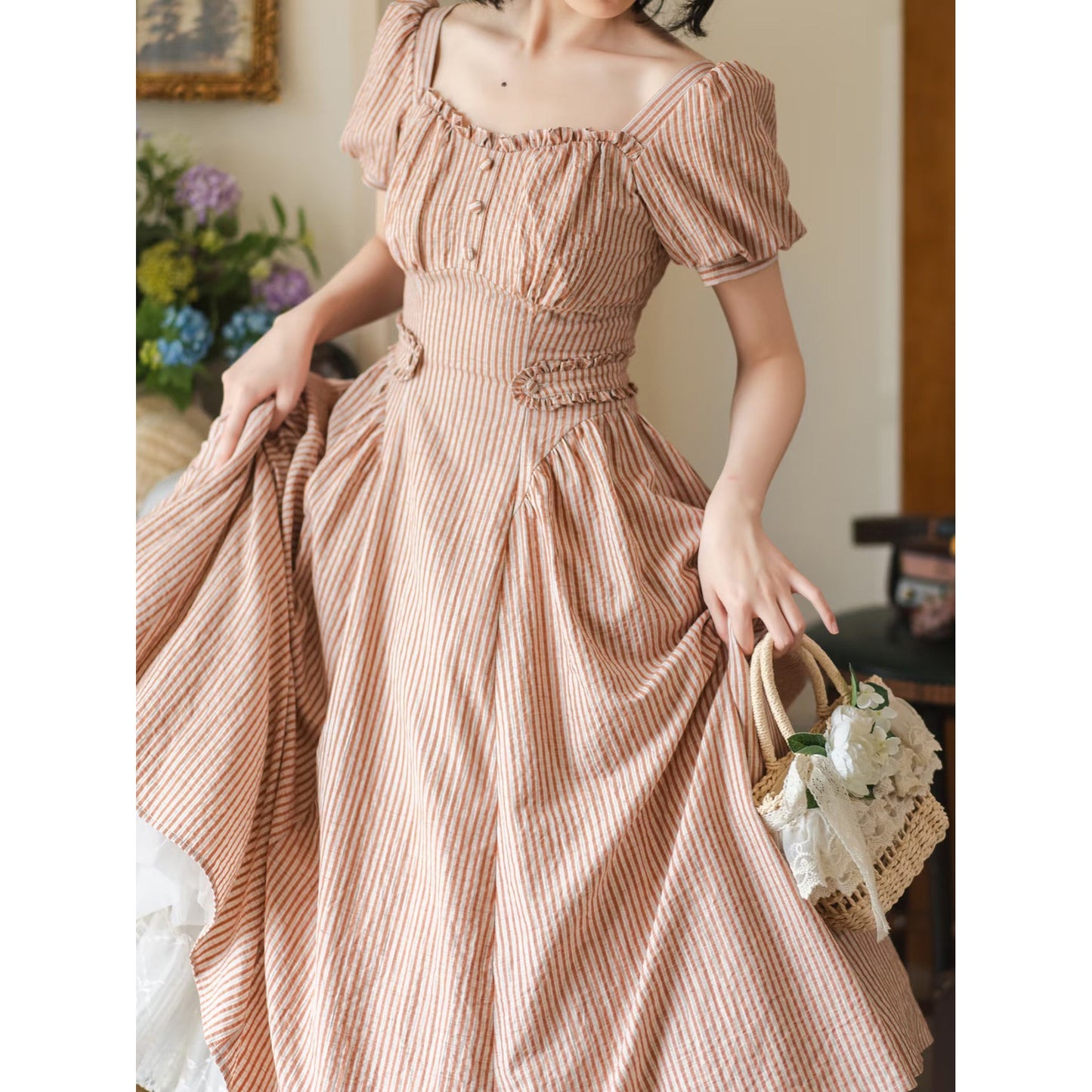 英国のお嬢様のクラシカルストライプワンピース - Carrot Orange