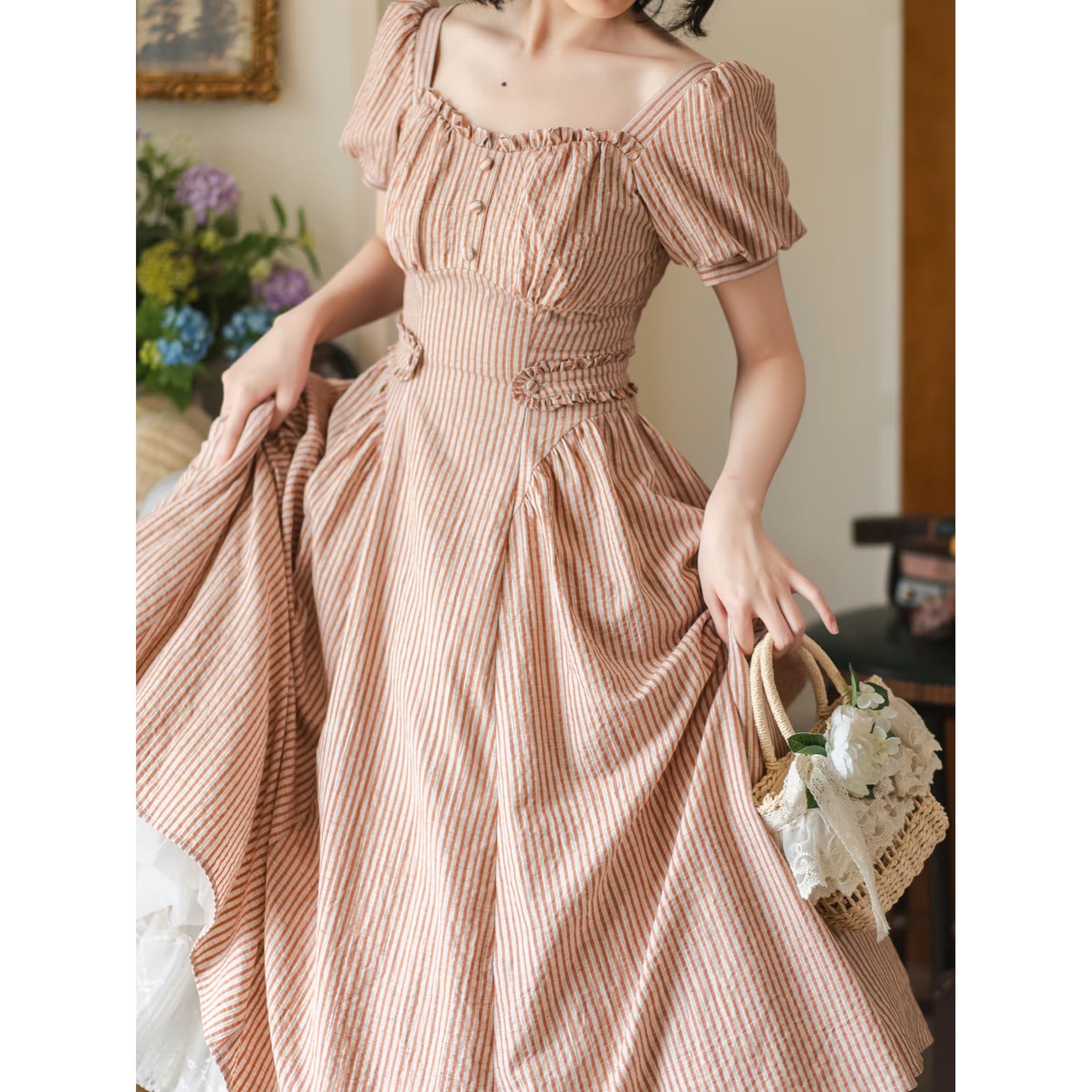 英国のお嬢様のクラシカルストライプワンピース - Carrot Orange