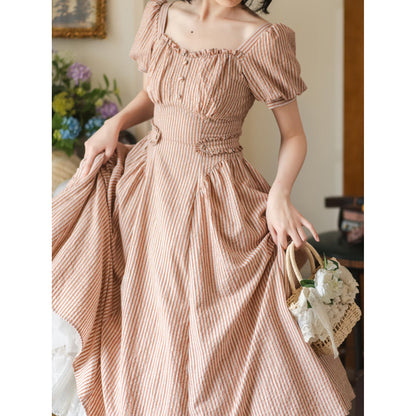 英国のお嬢様のクラシカルストライプワンピース - Carrot Orange