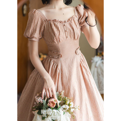 英国のお嬢様のクラシカルストライプワンピース - Carrot Orange