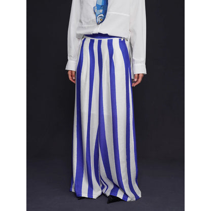 青紫の縦縞ストライプワイドパンツ