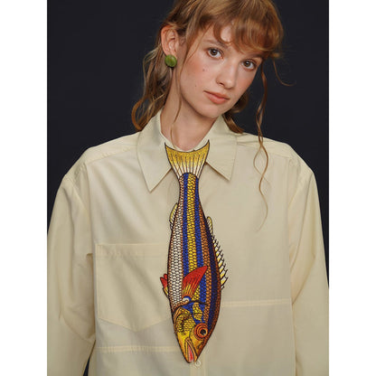 お魚の刺繍ネクタイ（ブルー×イエロー）