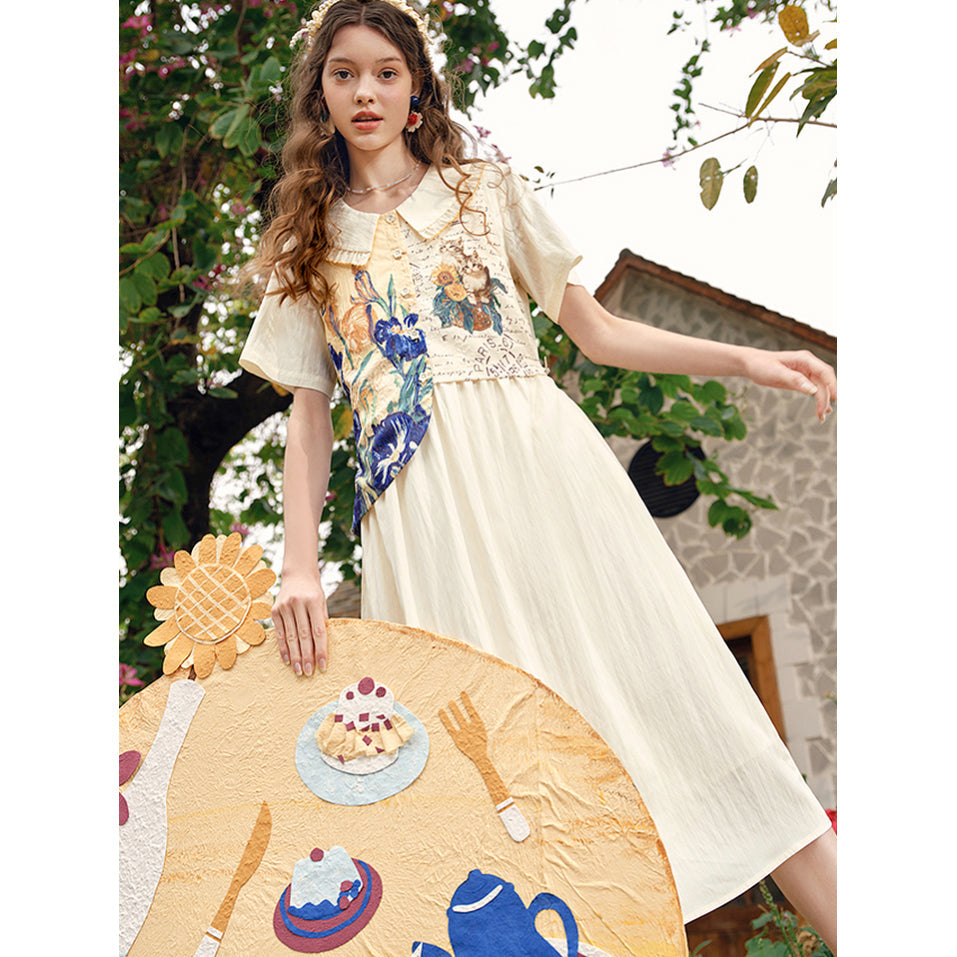 向日葵とアイリスのある花瓶と猫のワンピース