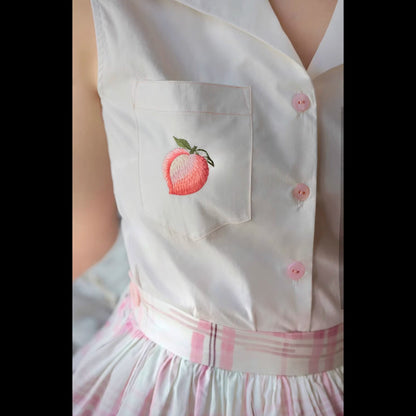 桃の果実の刺繍ノースリーブシャツ