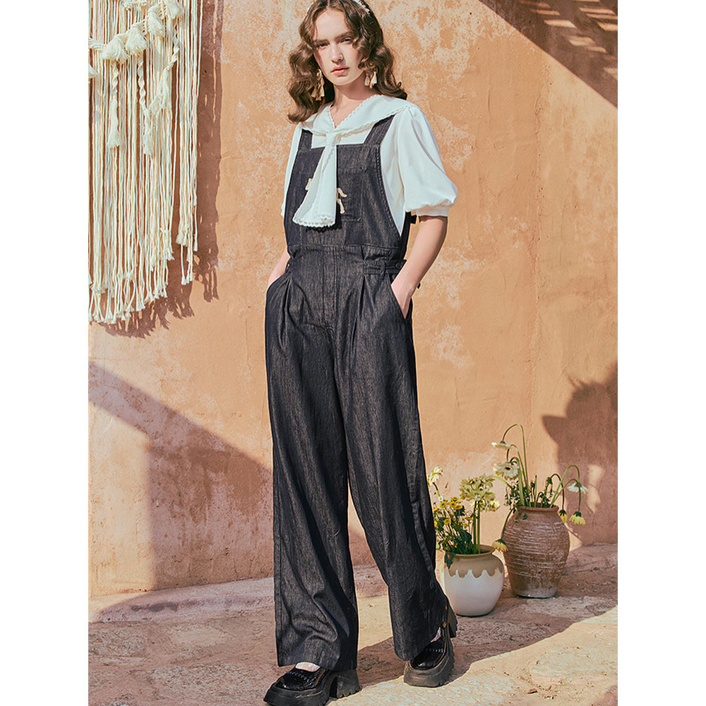 馬の石膏像の刺繍デニムサロペットパンツ