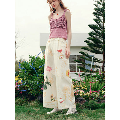 向日葵の花の描画ワイドパンツ