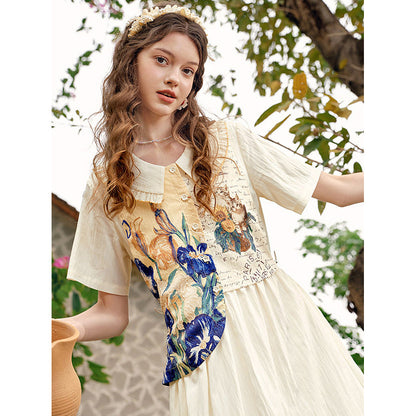 向日葵とアイリスのある花瓶と猫のワンピース