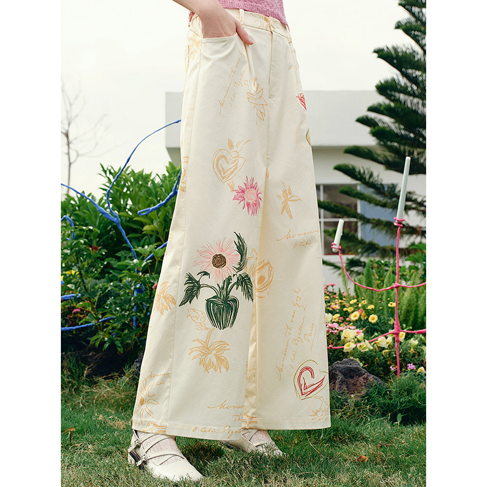 向日葵の花の描画ワイドパンツ