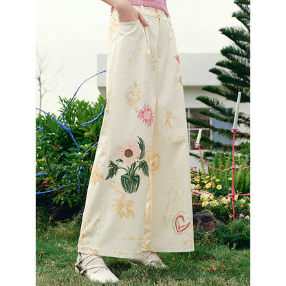 向日葵の花の描画ワイドパンツ