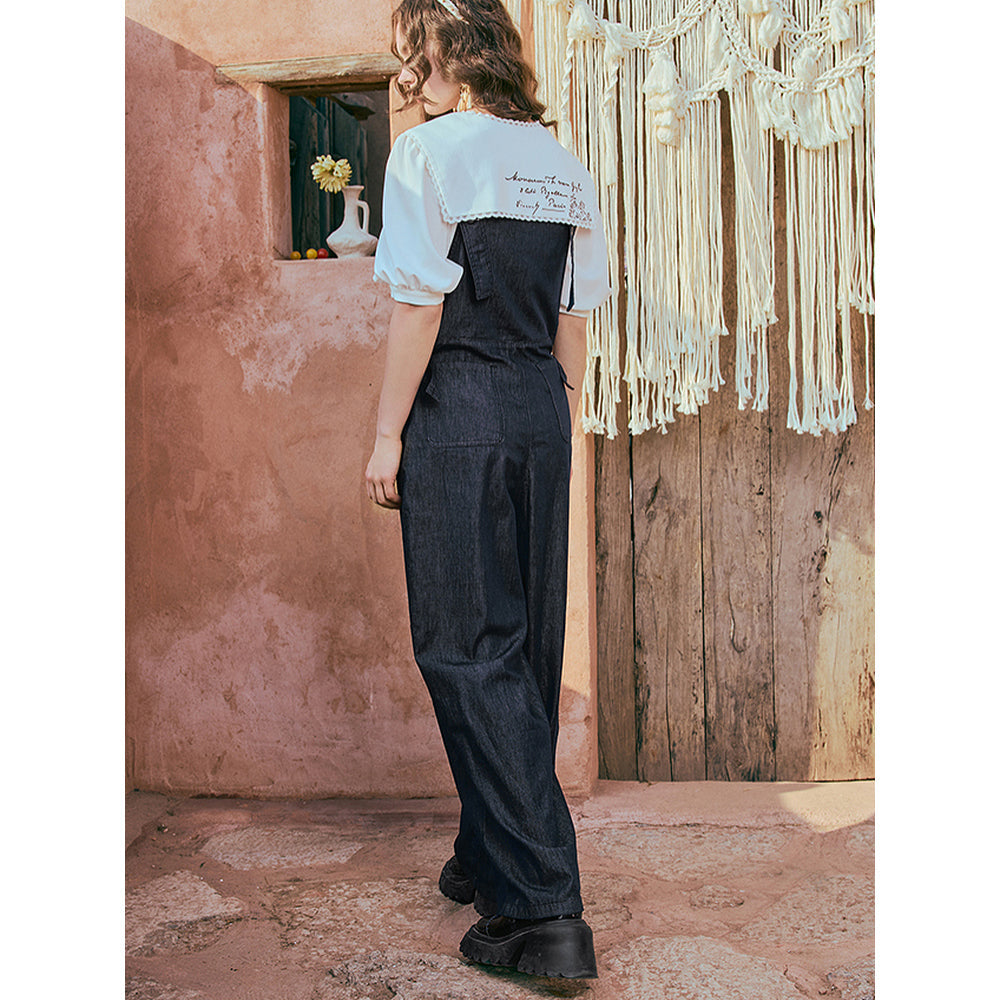 馬の石膏像の刺繍デニムサロペットパンツ