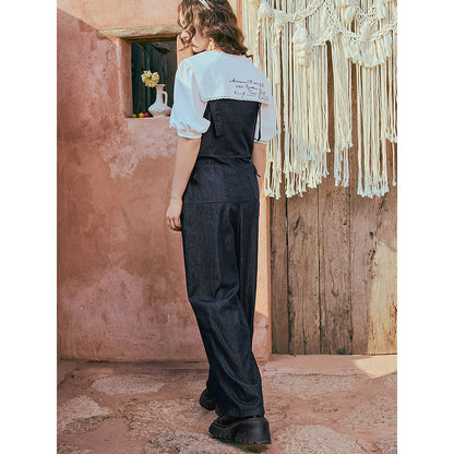 馬の石膏像の刺繍デニムサロペットパンツ