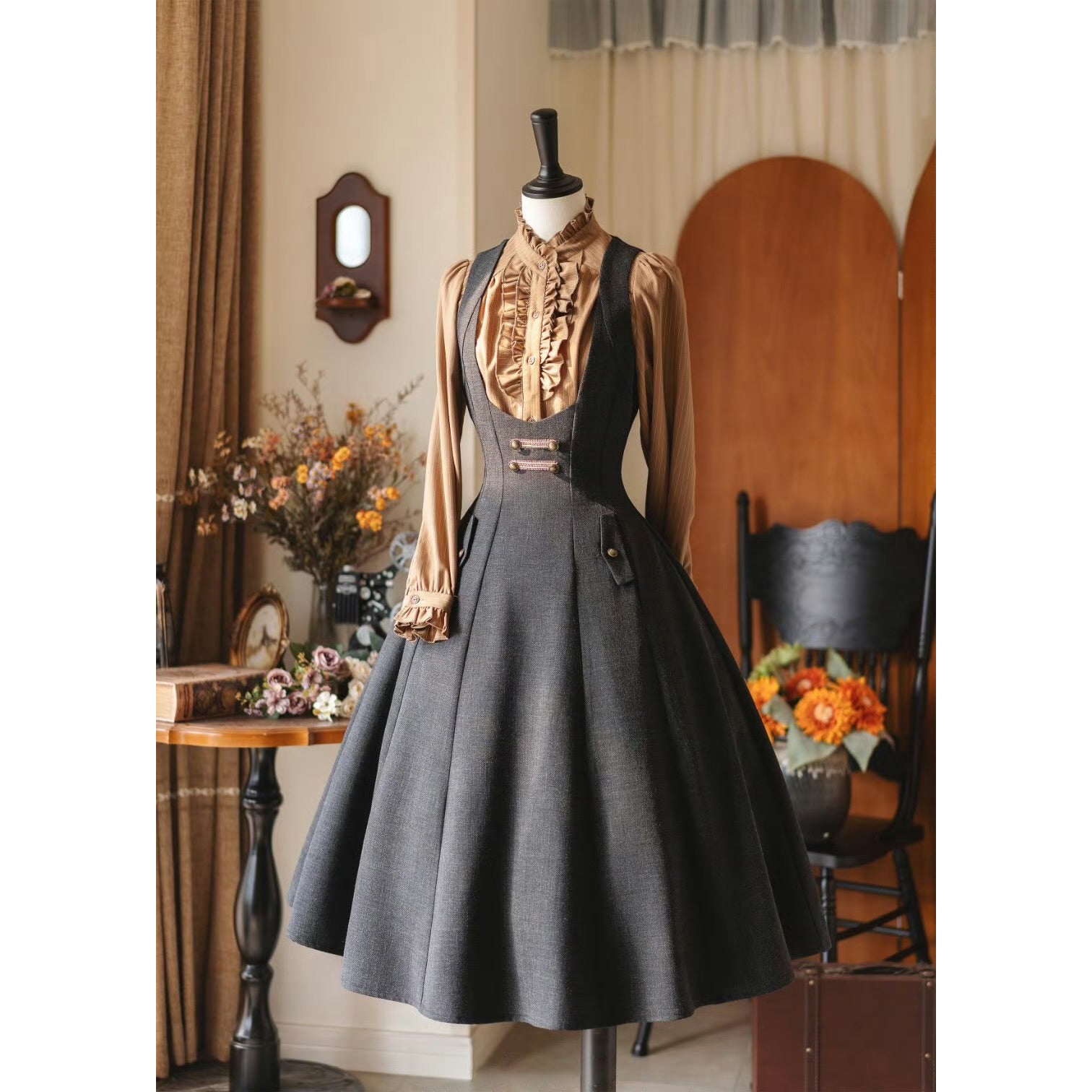 英国のお嬢様のクラシックジャンパースカート - Dark Gray