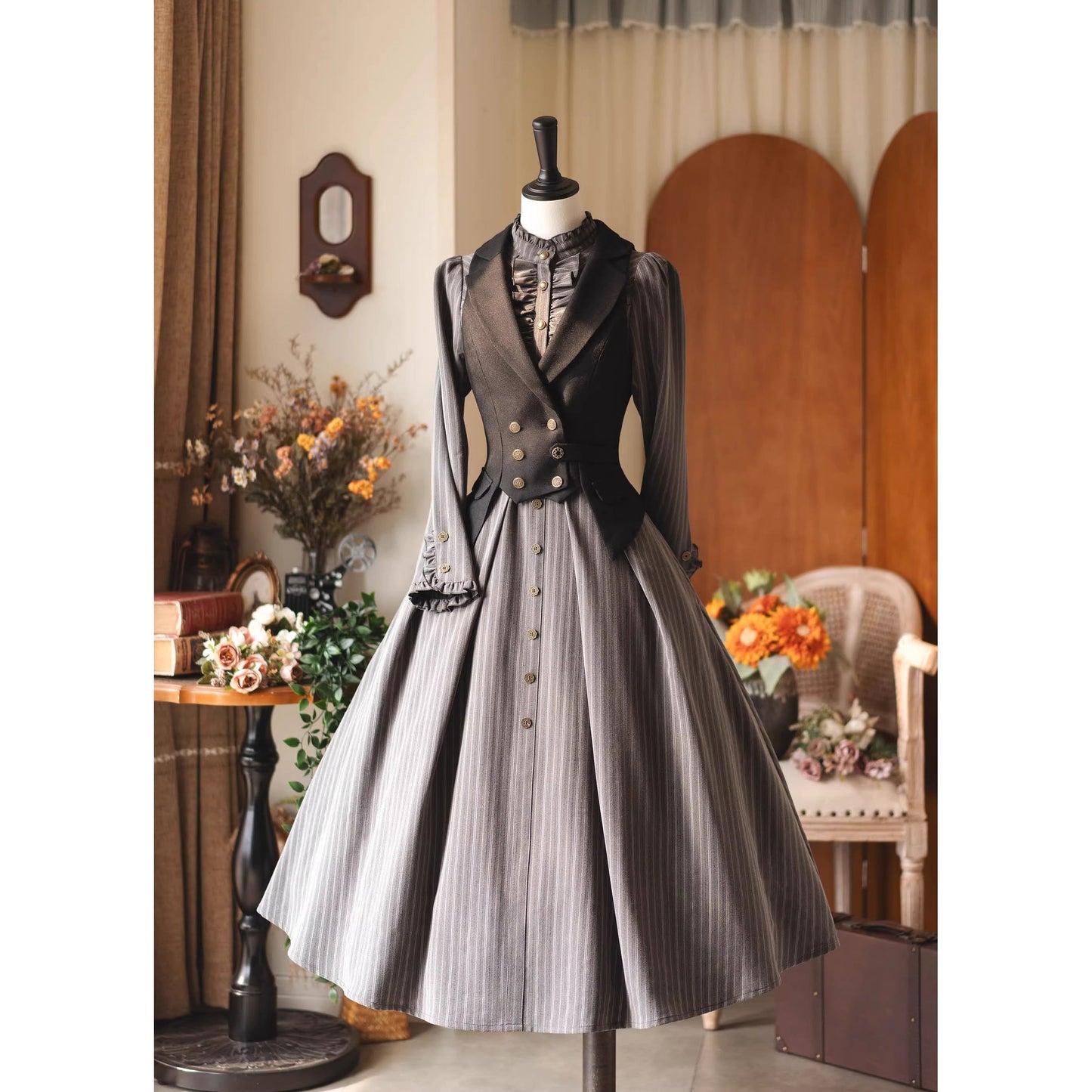 英国のお嬢様のクラシカルストライプワンピース - Gray