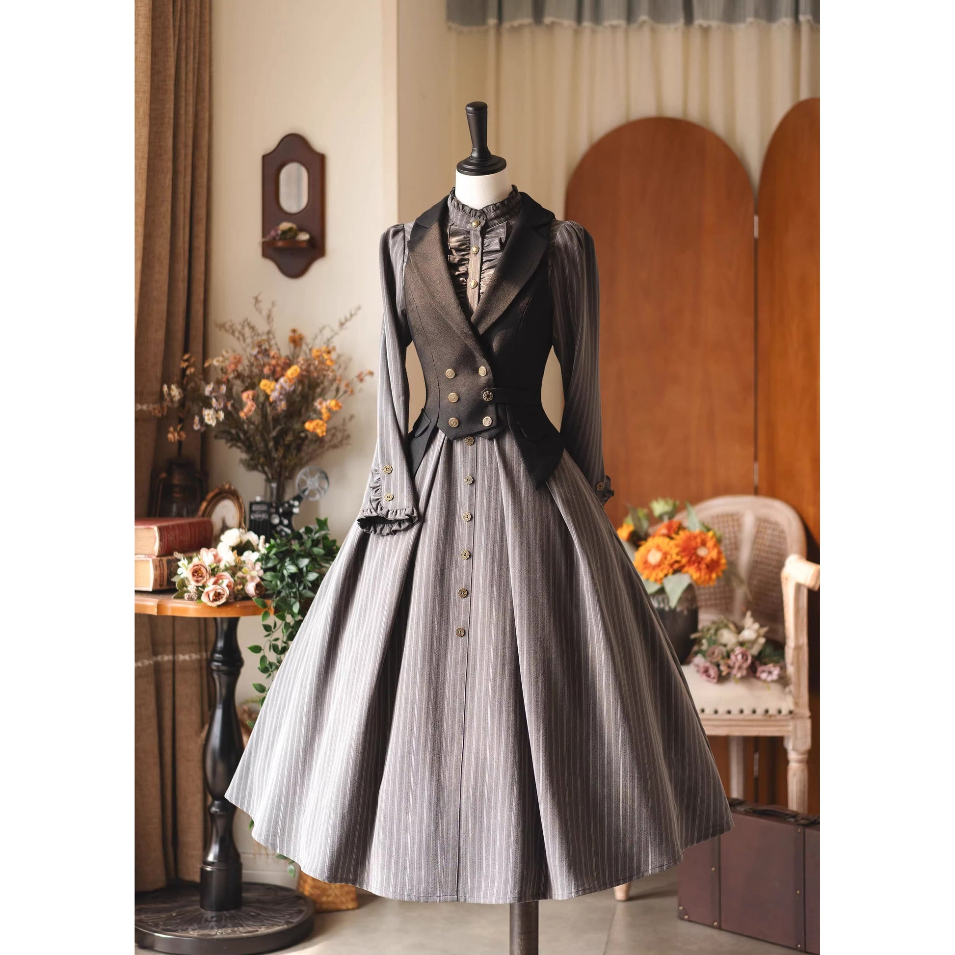 英国のお嬢様のクラシカルストライプワンピース - Gray