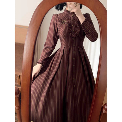 英国のお嬢様のクラシカルストライプワンピース - Burgundy