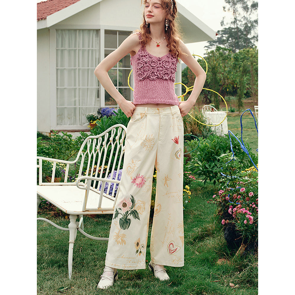 向日葵の花の描画ワイドパンツ