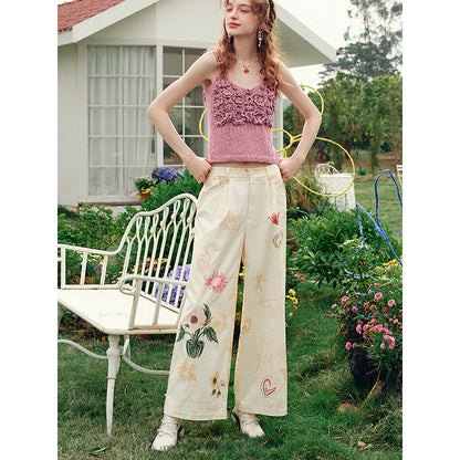 向日葵の花の描画ワイドパンツ