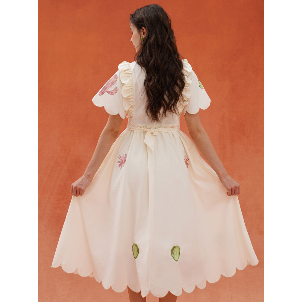 サボテンと花の刺繍レトロワンピース