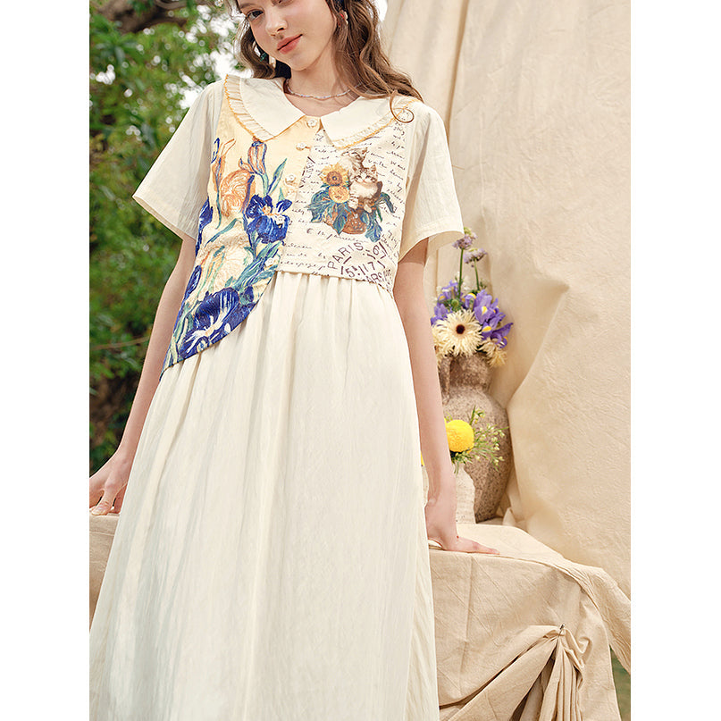 向日葵とアイリスのある花瓶と猫のワンピース