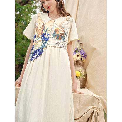 向日葵とアイリスのある花瓶と猫のワンピース