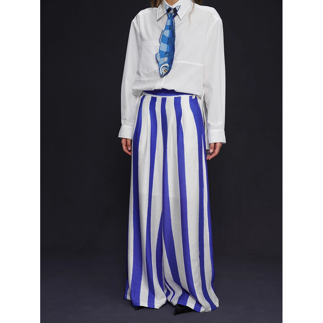 青紫の縦縞ストライプワイドパンツ