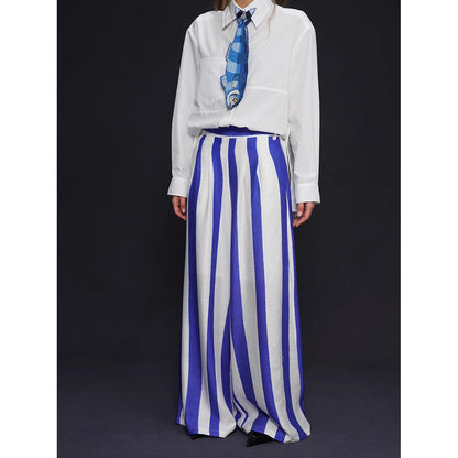 青紫の縦縞ストライプワイドパンツ