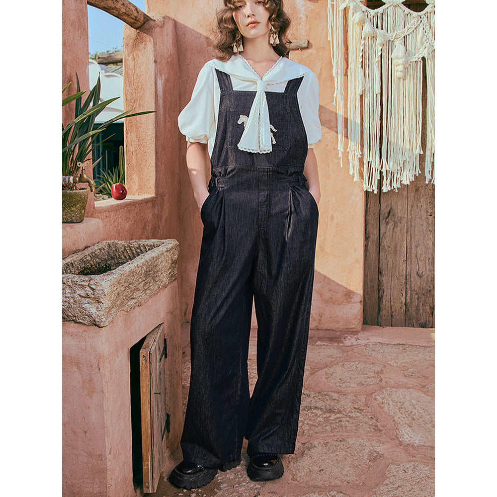 馬の石膏像の刺繍デニムサロペットパンツ