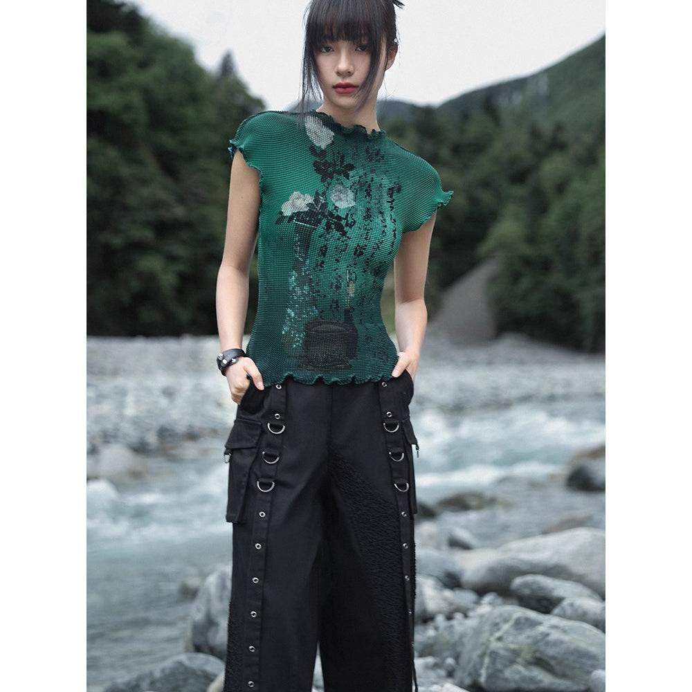 詩句と花絵画ハイネックトップス