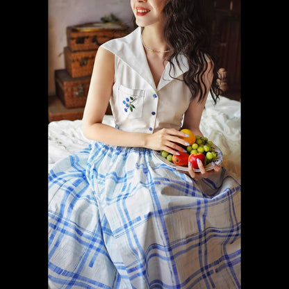 青藍の格子柄ヘップバーンスカート