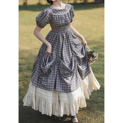 英国のお嬢様の格子柄レトロワンピース - Gray Navy