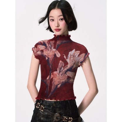 百合の花絵画ハイネックトップス