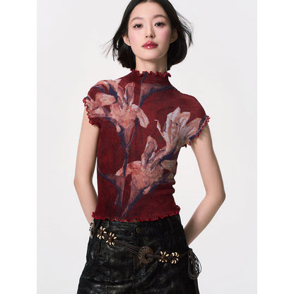 百合の花絵画ハイネックトップス