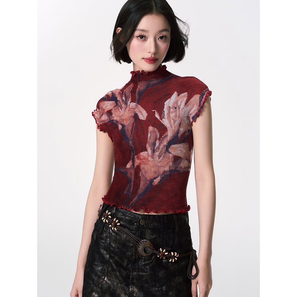 百合の花絵画ハイネックトップス