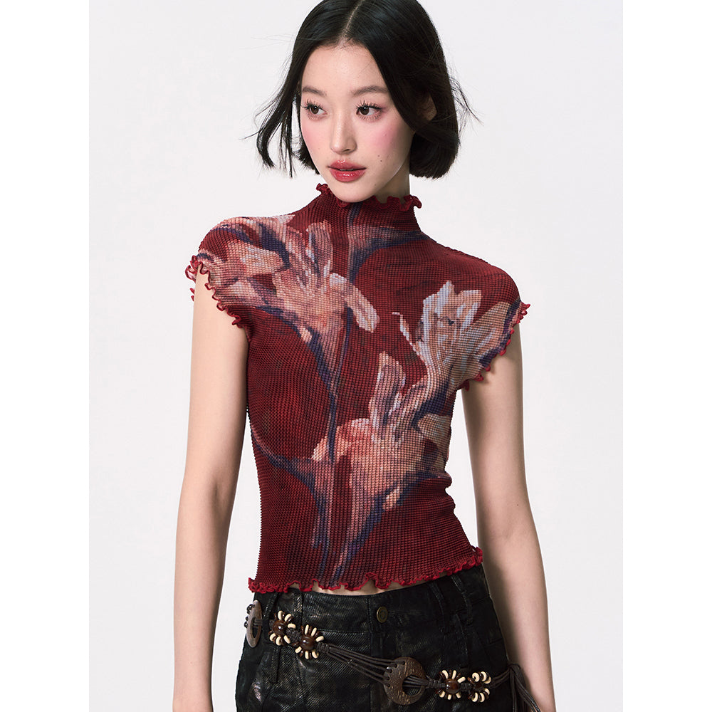 百合の花絵画ハイネックトップス