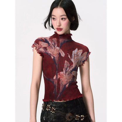 百合の花絵画ハイネックトップス