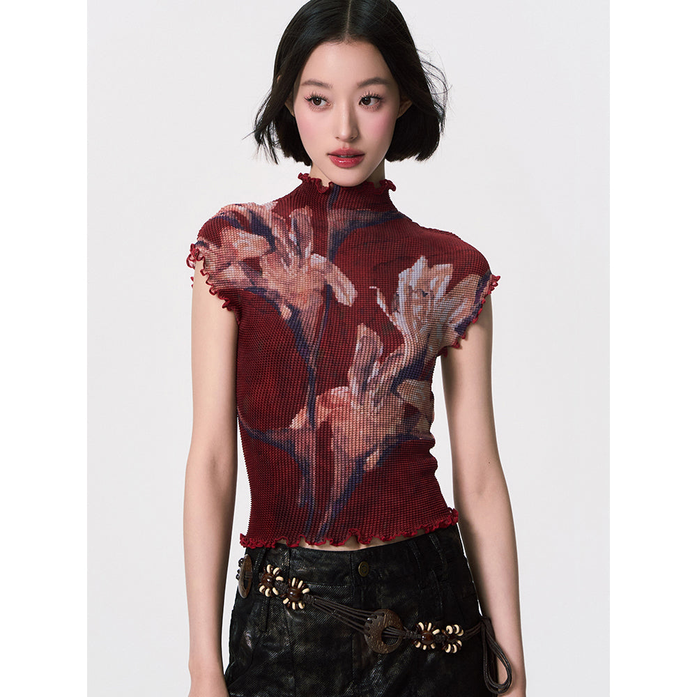 百合の花絵画ハイネックトップス