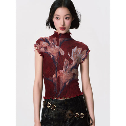 百合の花絵画ハイネックトップス