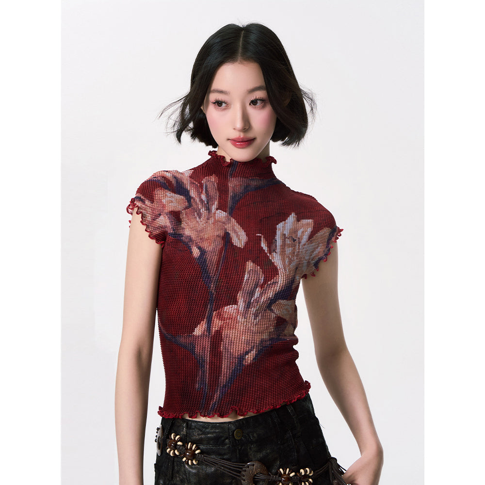 百合の花絵画ハイネックトップス