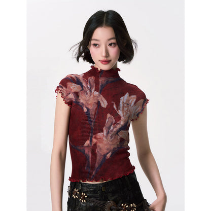 百合の花絵画ハイネックトップス