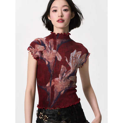 百合の花絵画ハイネックトップス