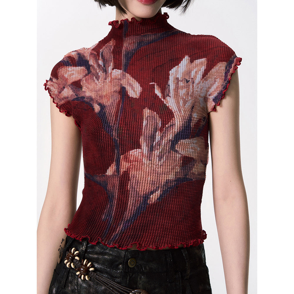 百合の花絵画ハイネックトップス