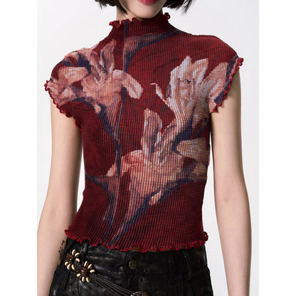 百合の花絵画ハイネックトップス