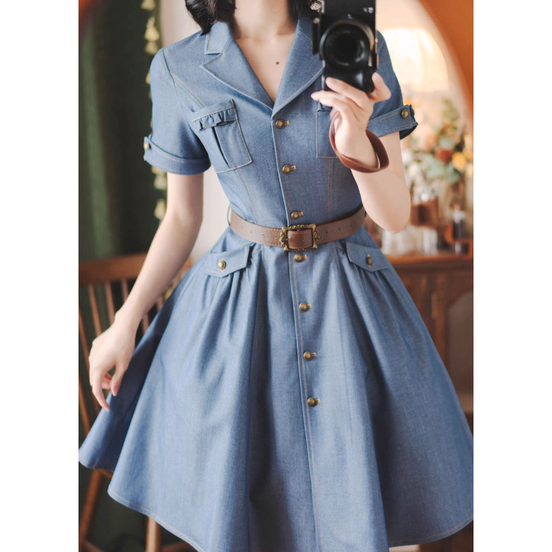英国のお嬢様のデニムワンピース - Short Sleeves