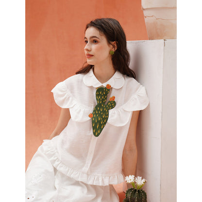 サボテンと花の刺繍ネクタイ - Dark Green