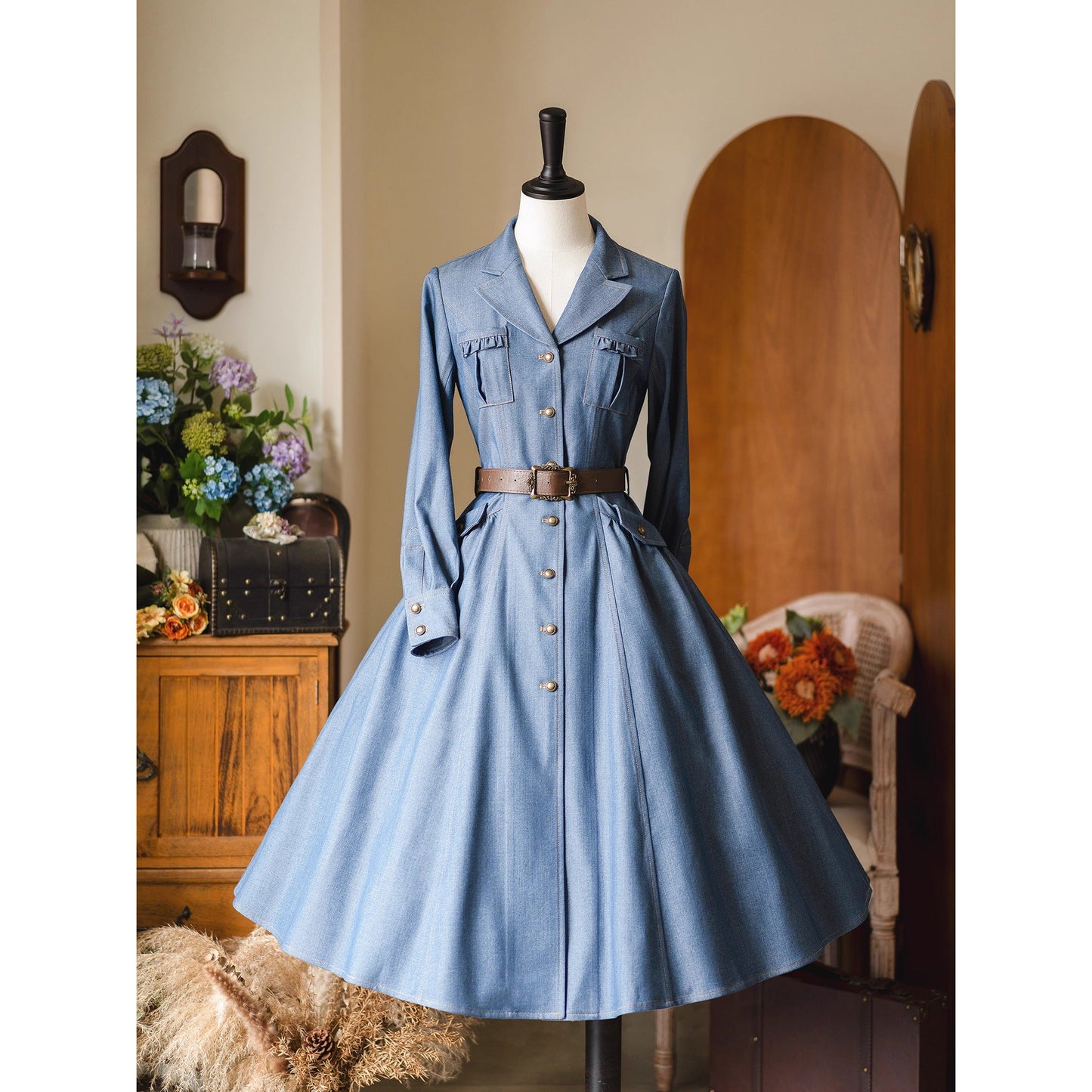 英国のお嬢様のデニムワンピース - Long Sleeves