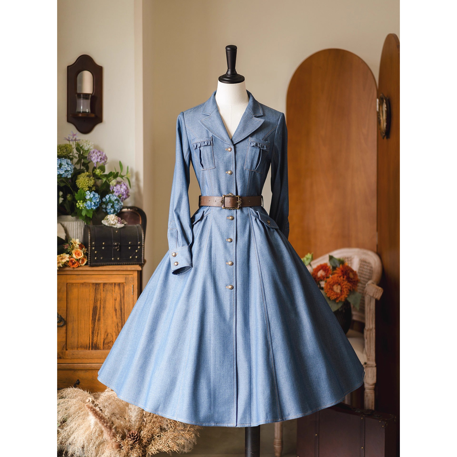 英国のお嬢様のデニムワンピース - Long Sleeves